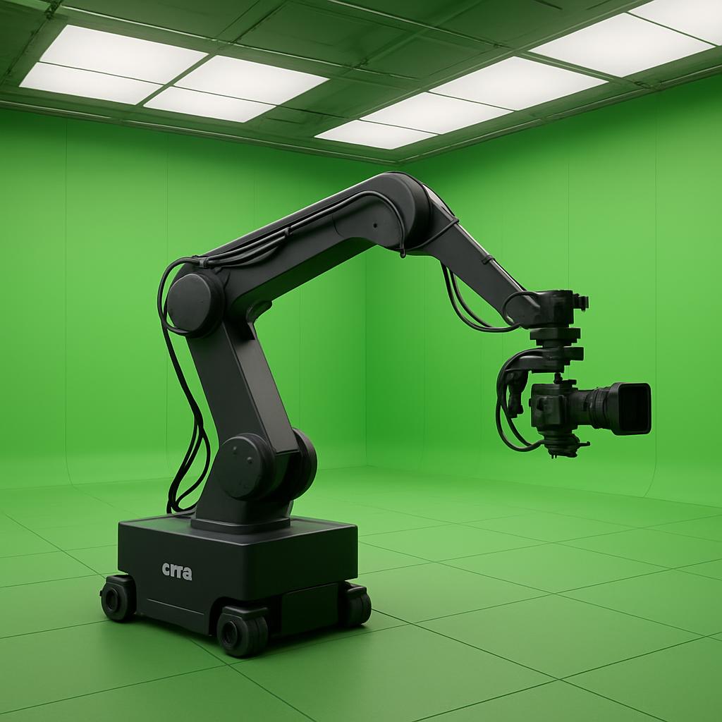 A black robotic arm holds a camera in a brightly lit, colored green room.