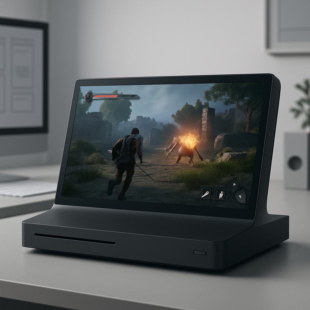 A laptop is open on a gray desk, displaying a video game with two characters in an outdoor environment.