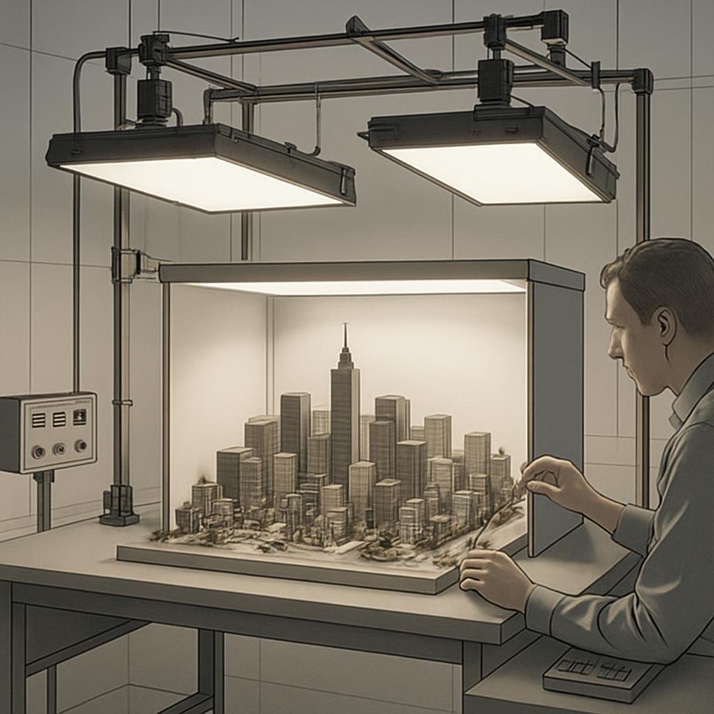 A person in a lab, sits at a desk with a light box and diorama of a futuristic city. The individual is holding a tool, pos...