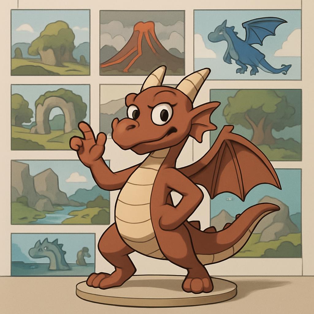 A cartoon dragon standing on a platform, surrounded by pictures of other dragons.