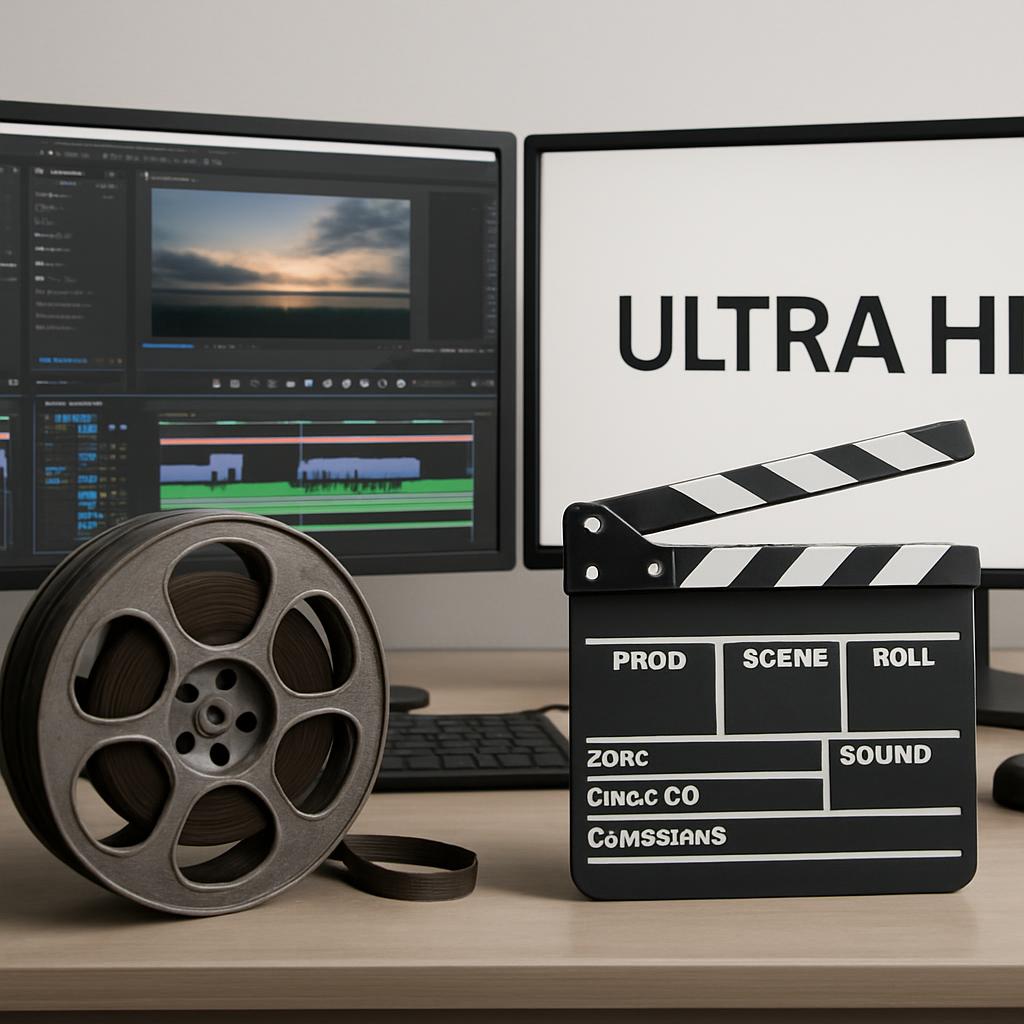 Computer desktop behind black clapperboard and film reel, showing video editing software on monitors.